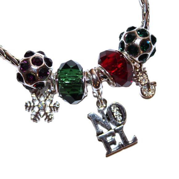 DaVinci Charm Bracelet 8.5" 7 Beads - Christmas Noel Snowflake Snowman Red Green - Picture 2 of 4